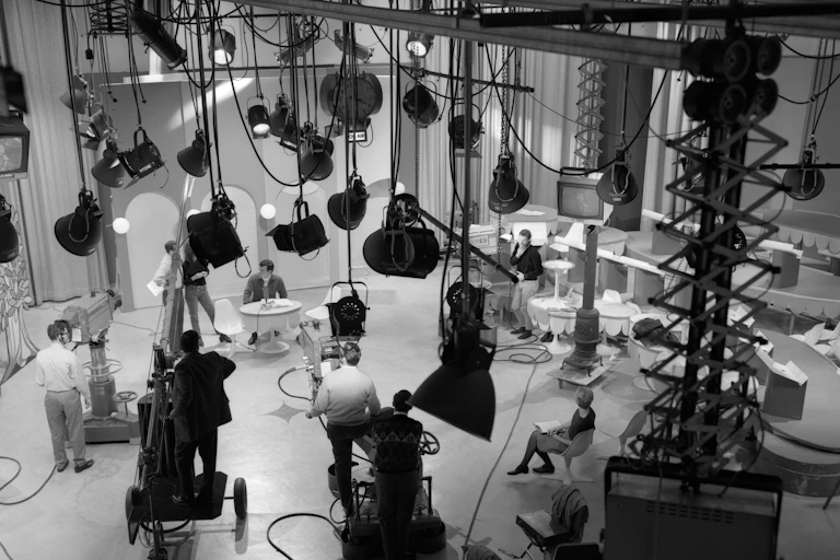 A black and white photo of a 1960s TV studio from above.
