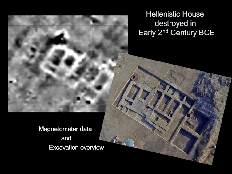 An image of a Hellenistic house made with a magnetometer against an aerial photograph of the site during excavation. Details are displayed.