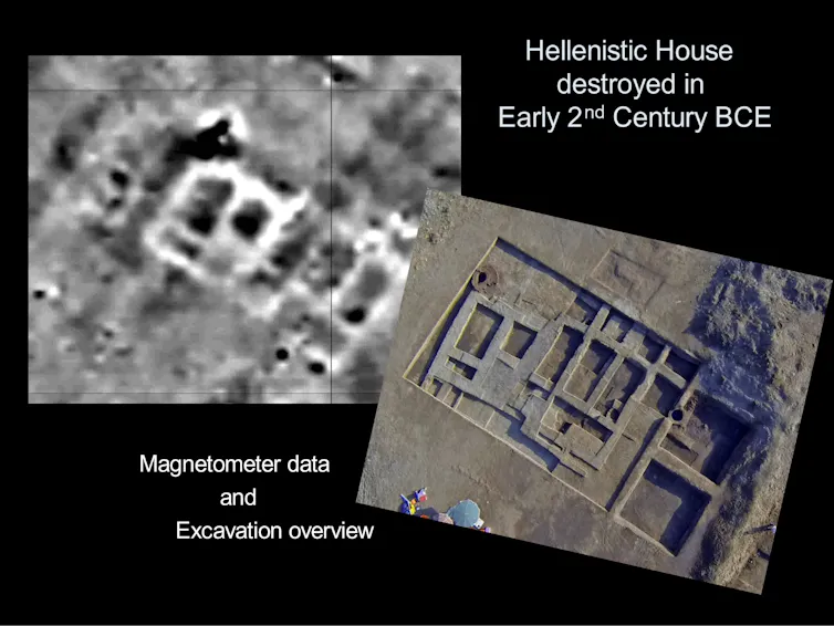 An image of a Hellenistic house made by a Magnetometer against an aerial picture of the site during excavation, which shows more detail.