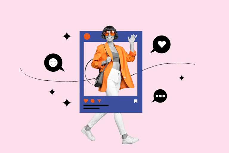 A woman depicted in a social media screen, smiling and waving. She is surrounding by icons representing liking something on social media, including a heart and a smiley face.