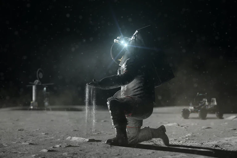 Reconstitution d'un astronaute sur la Lune.