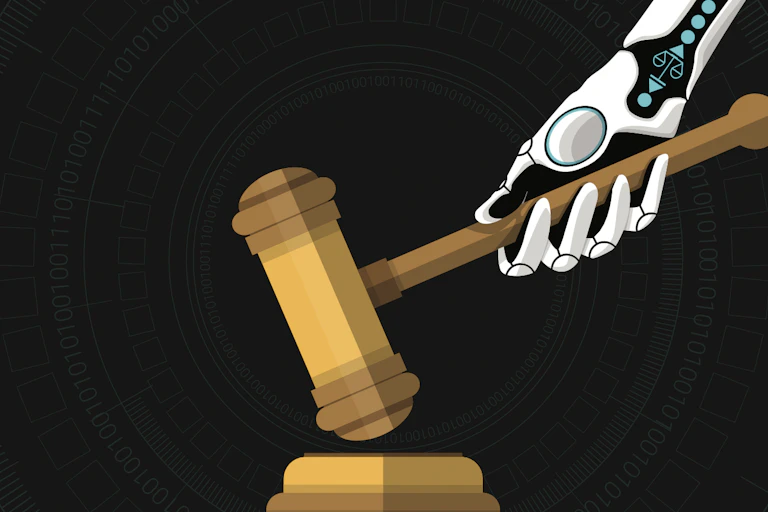 Robot hand with a justice hammer