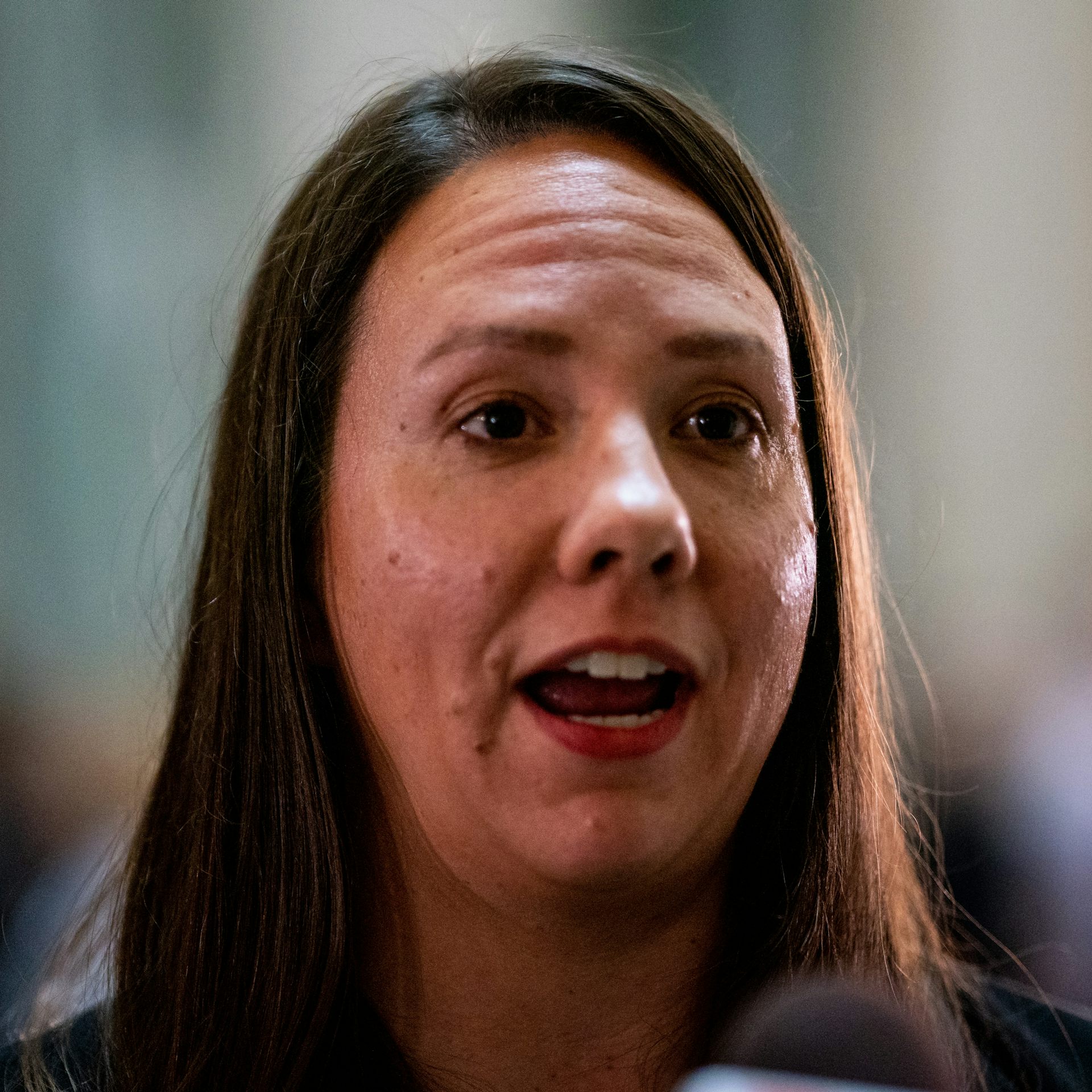 A woman with longer hair and light on her face speaks.