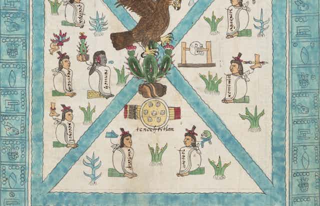 Primera página del 'Códice Mendoza', donde se muestra la alegoría fundacional de México-Tenochtitlan. El códice mezcla pictogramas con escritura alfabética castellana.