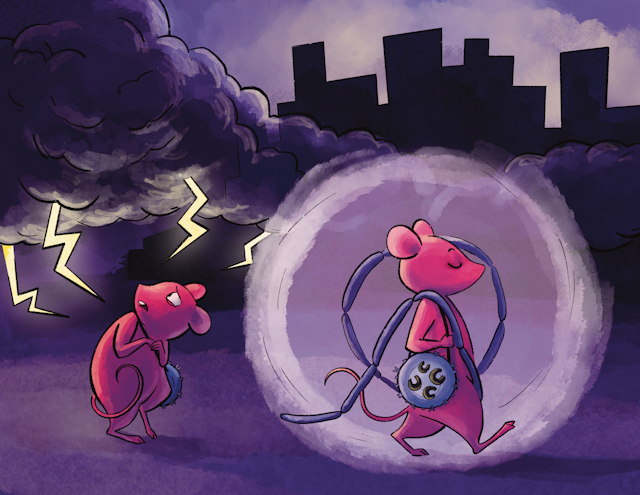 Illustration of two mice walking beside a city skyline: one mouse cowers beneath a thunderstorm while one mouse calmly walks on, surrounded by a protective bubble