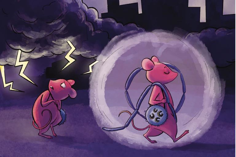 Illustration of two mice walking beside a city skyline: one mouse cowers beneath a thunderstorm while one mouse calmly walks on, surrounded by a protective bubble