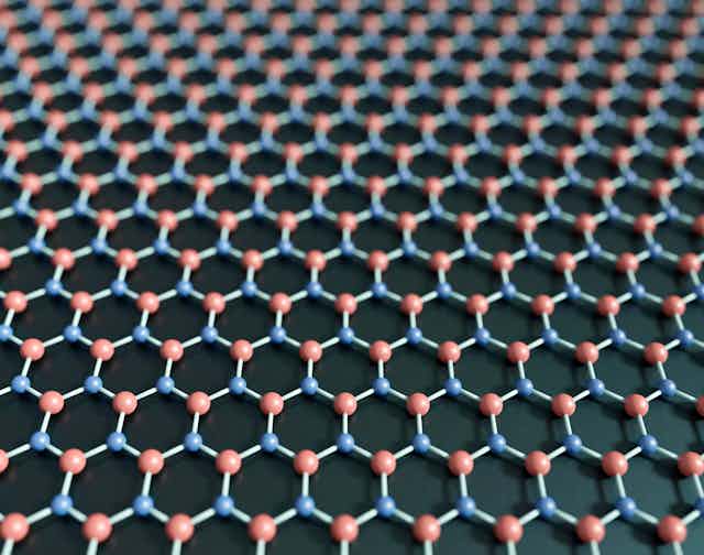 A flat layer of molecules, represented by alternating blue and red spheres connected by thin gray lines in a hexagonal honeycomb pattern. 