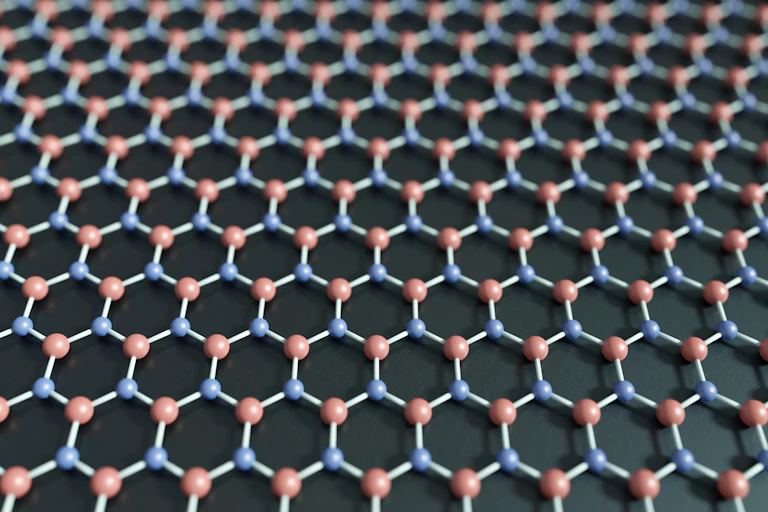 A flat layer of molecules, represented by alternating blue and red spheres connected by thin gray lines in a hexagonal honeycomb pattern.