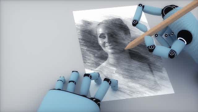 a pair of robot hands, one holding a pencil, poised over a drawing of a person's face