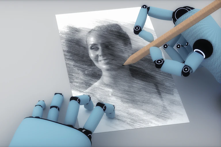 a pair of robot hands, one holding a pencil, poised over a drawing of a person's face