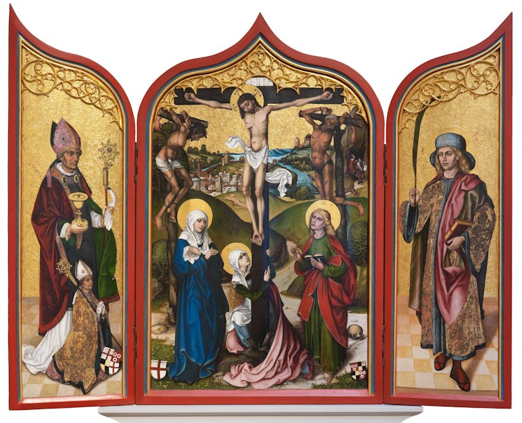Middle Panel with Christ on the Cross, side wings with Saint Conrad and Saint Pelagius