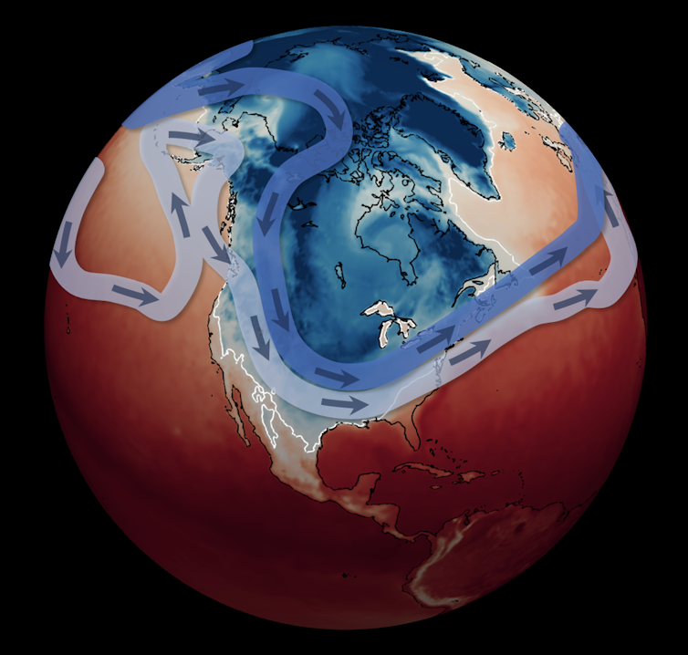 A globe showing most of the US covered in below-normal temperatures and two wavy lines following a similar track.