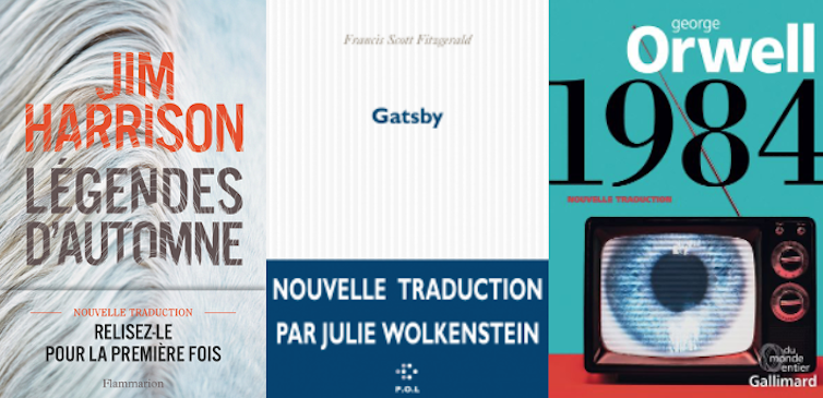 Couvertures de Légendes d'autombne de Jim Harrison, Gatsby de Francis Scott Fitzgerald et 1984 de George Orwell avec l'annonce de la nouvelle traduction