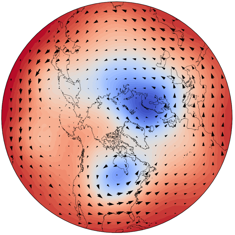 A polar diagram of Earth covered in wind direction arrows and with two blue blobs over the US and Europe.