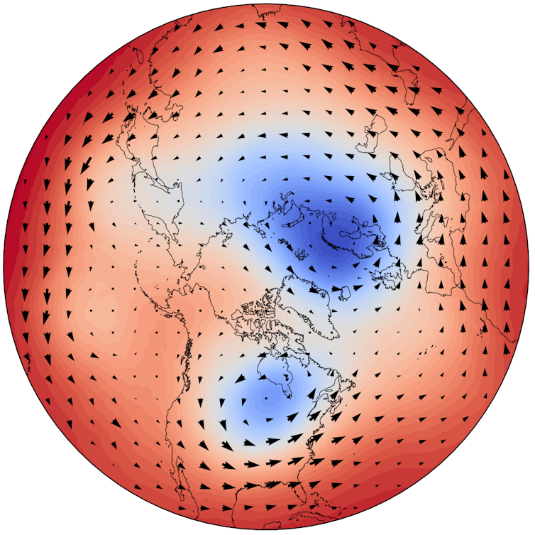 A polar view of the stratosphere showing two cold blobs over the US and Europe.