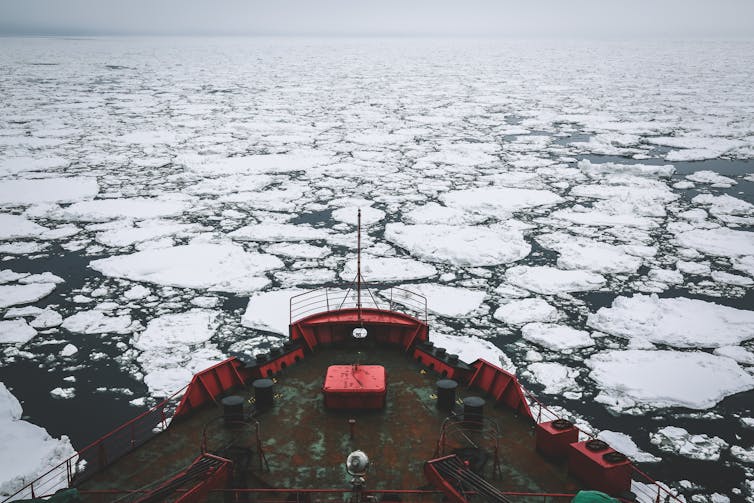 A photo taken onboard an icebreaker ship going through an ice field.