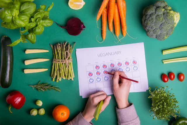 A hand drawing apples on days in a calendar marked 'Veganuary' surrounded by vegetables.