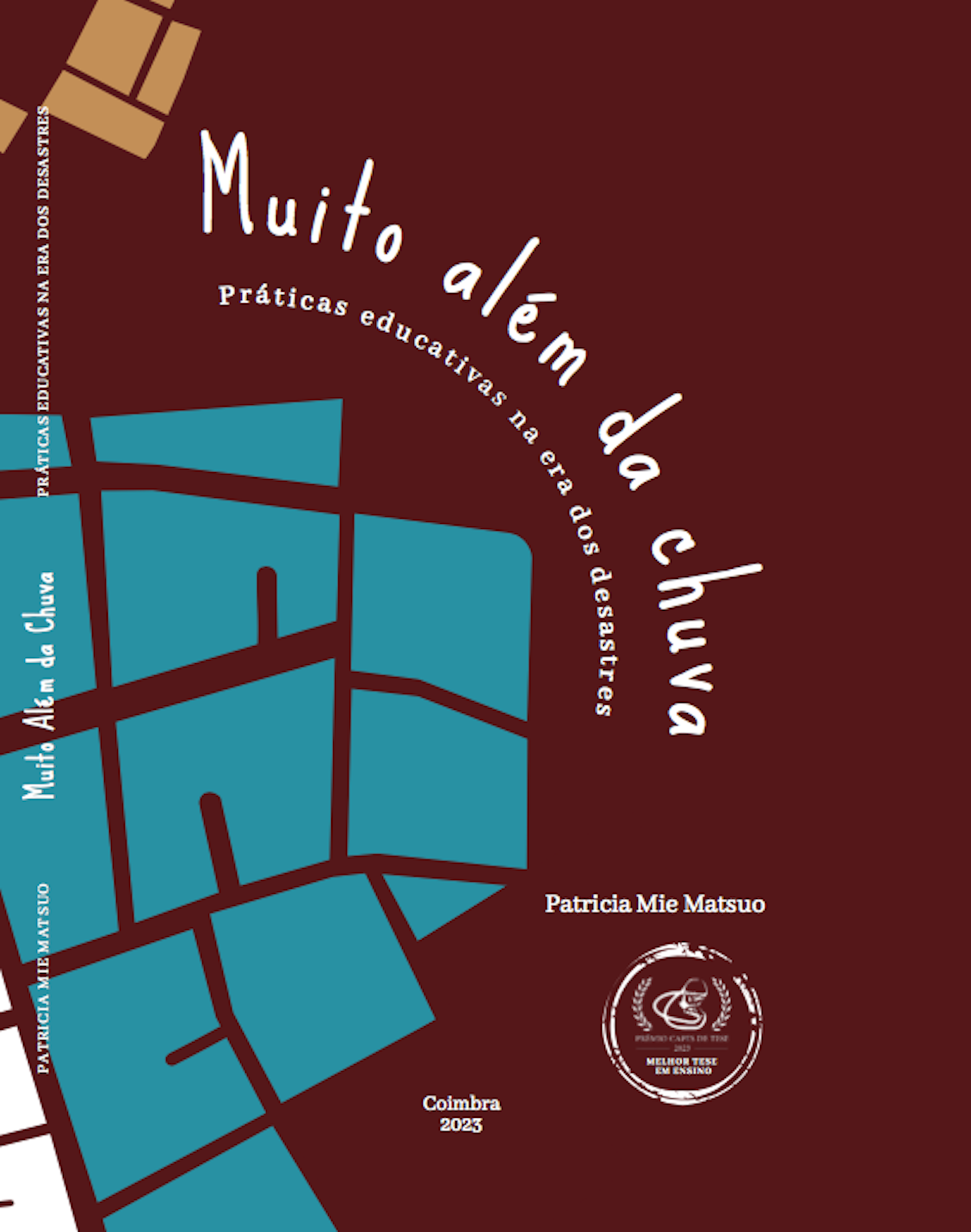 Capa do livro, em vinho, tem desenhos geométricos abstratos em azul no canto inferior esquerdo. No centro, lê-se o nome do livro.