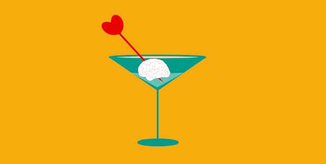 Illustration of brain in a cocktail glass with a heart-shaped toothpick speared through it