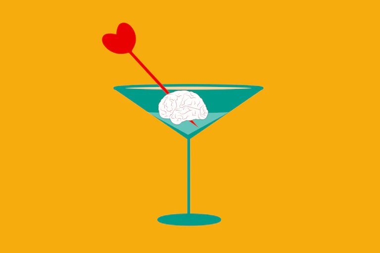 Illustration of brain in a cocktail glass with a heart-shaped toothpick speared through it