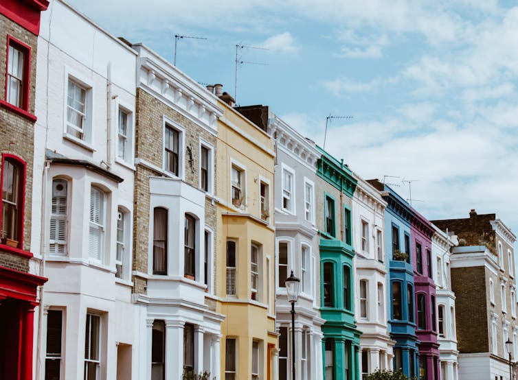 A colourful row of terrace houses in England.