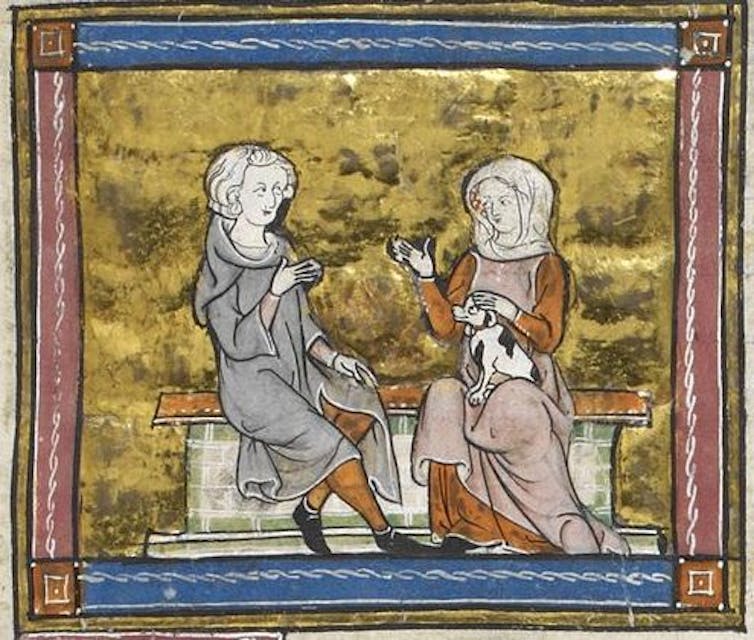 A miniature of Sir Lancelot, in conversation with a lady holding a small dog
