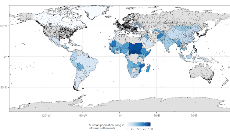 World map showing percentage of population living in informal settlements by country, with dots indicating weather station sites