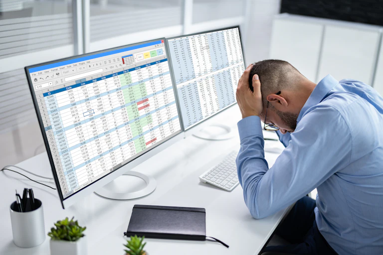 A man sits with his head in his hands in front of two screens containing spreadsheets