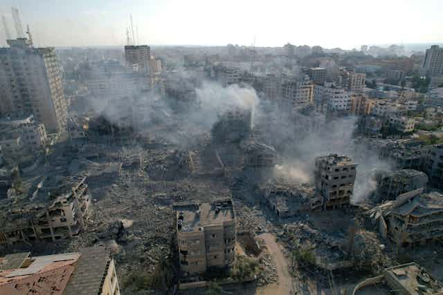Destroyed buildings after bombing attack.