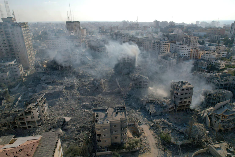 Destroyed buildings after bombing attack.