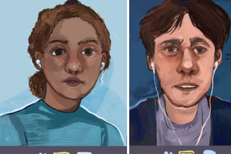 Painting of a woman and man seen on screens wearing earbuds with sombre faces seen on a split screen as if talking on a videoconference together.