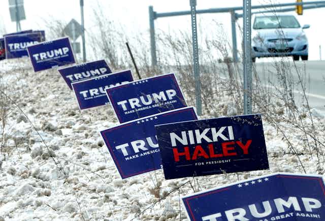 A row of signs in the snowy ground say Trump in big letters, with the exception of one that says Nikki Haley.