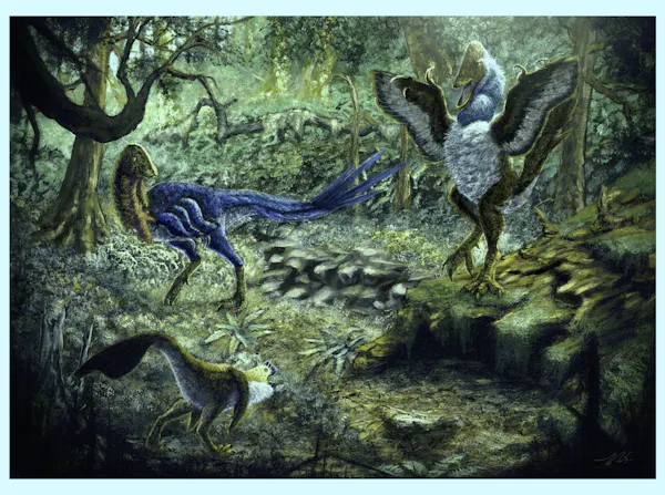 escena boscosa con tres tamaños diferentes de dinosaurios parecidos a pájaros