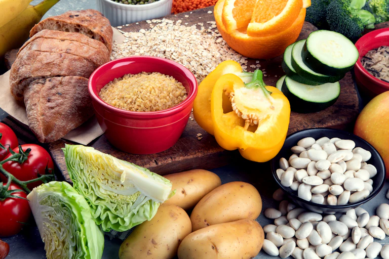 Vegetables, fruit, bread, beans and grains