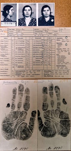 An index card filled in with personal information positioned between three photographs of the same woman's face and two handprints.