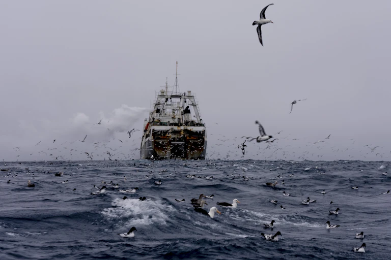 A large ship on the ocean while a flock of grey and white birds fly near it