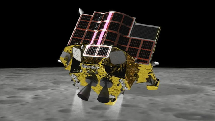 Artist's illustration of Japan's SLIM lander, which looks like a metal box with cones and lights on one end, attempting its lunar touchdown