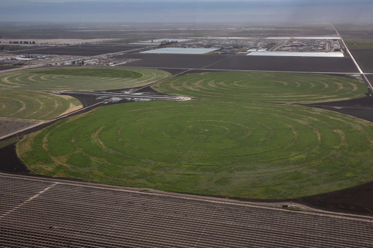 An aerial view of green crop circles surrounded by dark brown earth