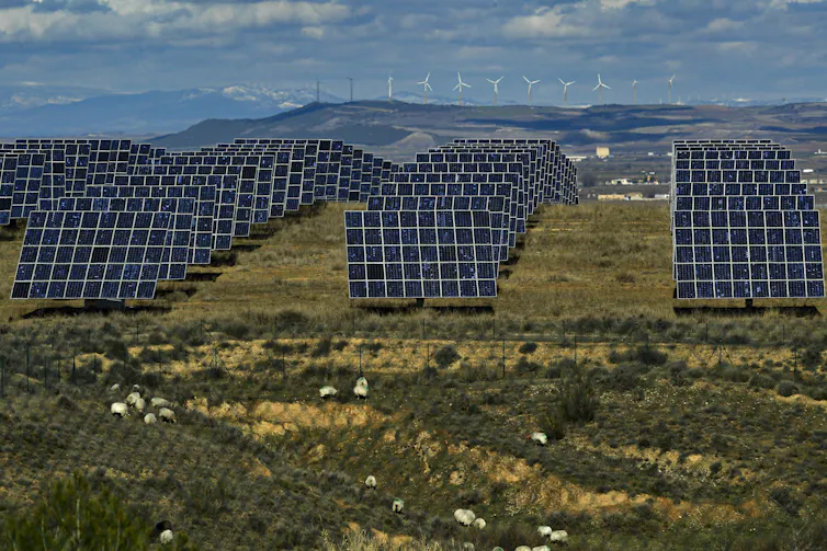solar farm and wind turbines in Spain