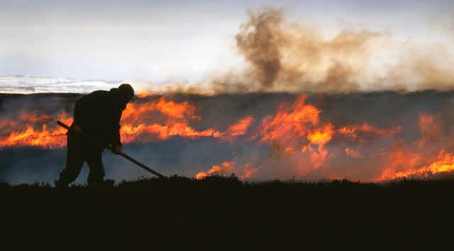 A gamekeeper in silhouette stoking burning heather with a pole.