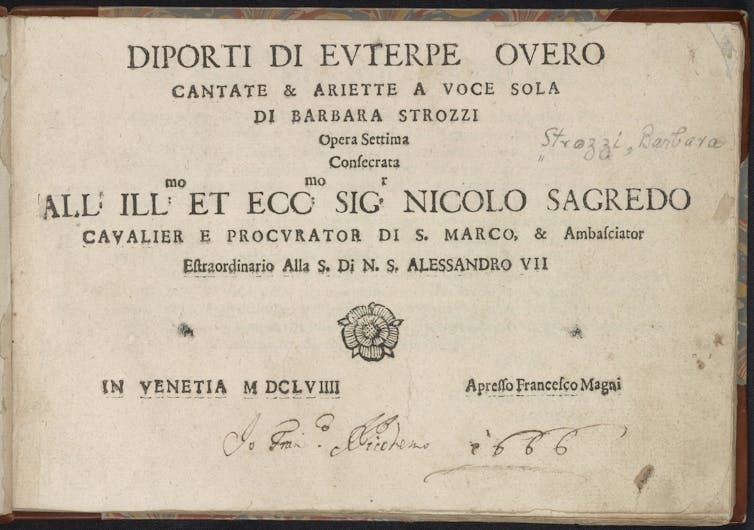 Portada de una composición de Barbara Strozzi: _Placeres de Euterpe_: cantatas y arietas para voz solista, séptima ópera.