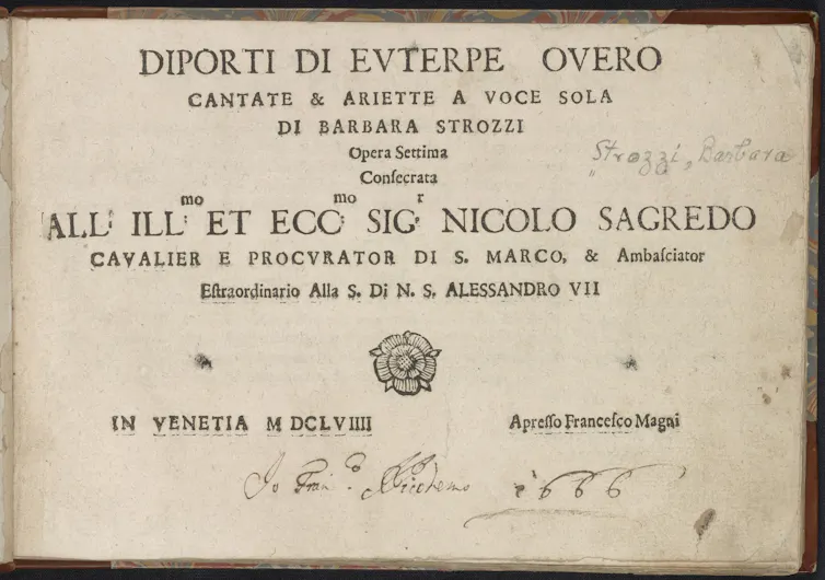 Page de titre d’une composition de Barbara Strozzi : Placeres de Euterpe : cantatas and arietas for solo voice, seventh opera