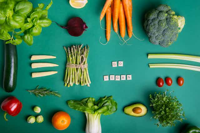 Flatlay image of colourful fresh raw veg on teal background, with the words GO VEGAN in the centre
