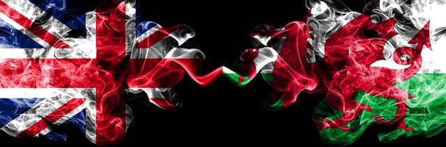 A graphic showing a smoky union flag on the left and a smokey Wales flag on the right. 