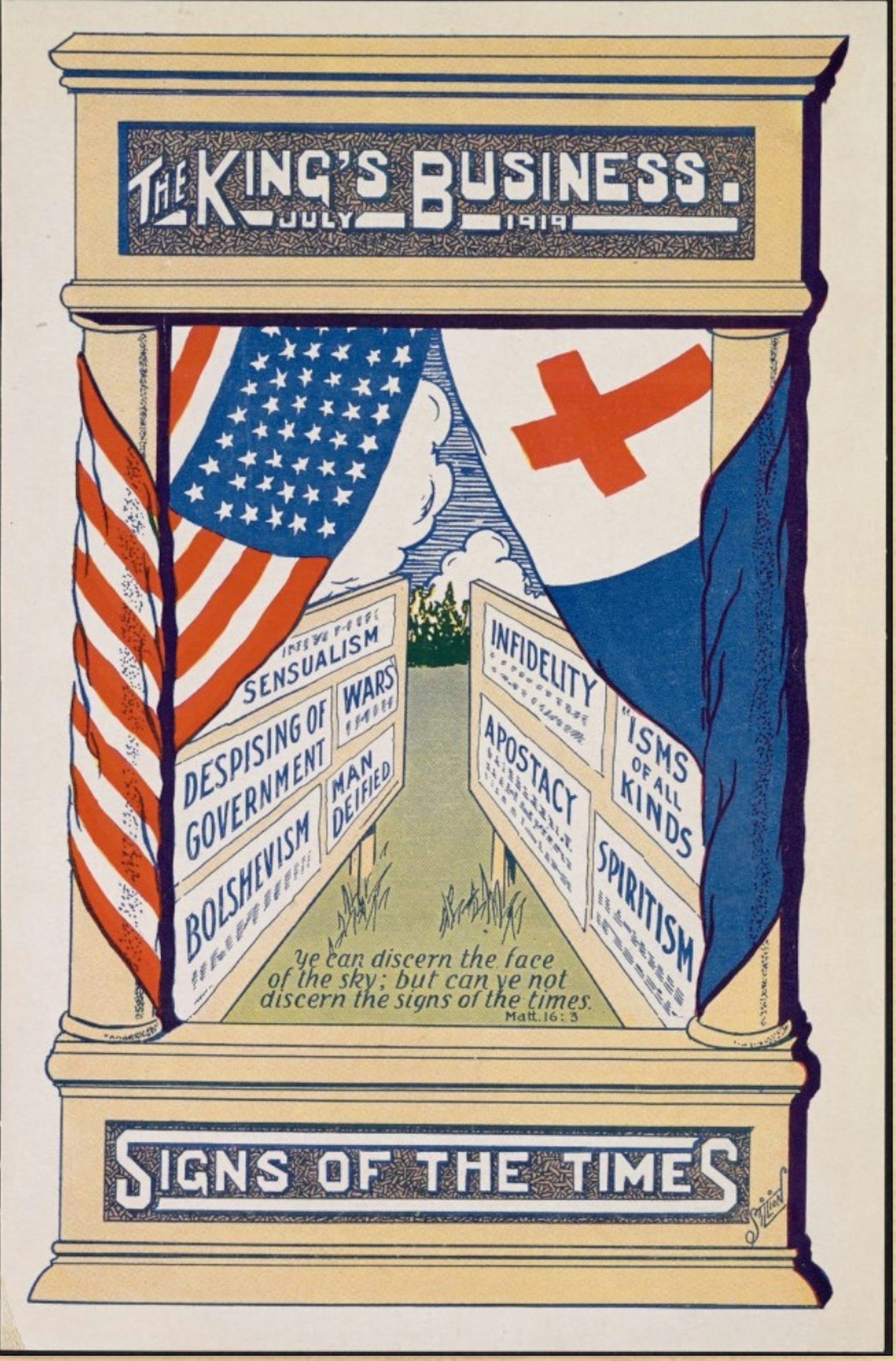 A cartoon labeled 'Signs of the Times' contains words such as 'Bolshevism,' 'Apostacy' [sic] and 'Infidelity.'