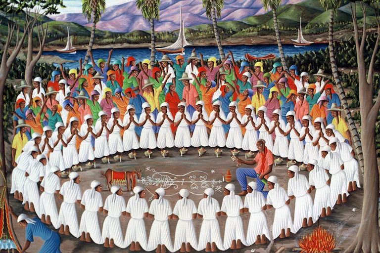A painting showing people, mostly dressed in white with hands folded in prayer, standing in a circle around a man performing a ritual in the center..