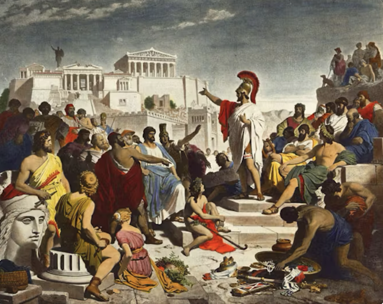 In a formal painting, a man stands on a platform addressing a crowd. A classical white building with pillars is in the background.