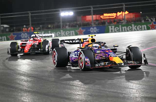 Sergio Perez of Oracle Red Bull Racing F1 team and Charles Leclerc of Scuderia Ferrari F1 team compete in Las Vegas, Nevada, on Nov. 19, 2023.
