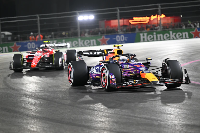 Sergio Perez of Oracle Red Bull Racing F1 team and Charles Leclerc of Scuderia Ferrari F1 team compete in Las Vegas, Nevada, on Nov. 19, 2023.