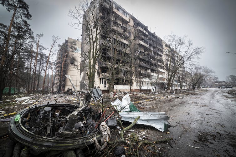 Bombed apartment buildings in Bucha Ukraine.